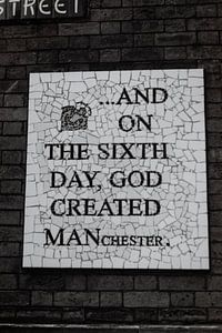 Origineel Op de Zesde Dag Manchester Muurschildering