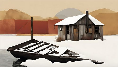 nordische Einsamkeit - winterliche nordische Einsamkeit; eine kleine Hütte steht am Rande eines Moores am Ufer eines zugefrorenen Sees