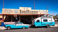Oldtimer with caravan in front of restaurant shop Roadrunner in Arizona USA by Dieter Walther thumbnail