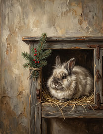 Olieverfschilderij van een rustiek kerstkonijn van haroulita