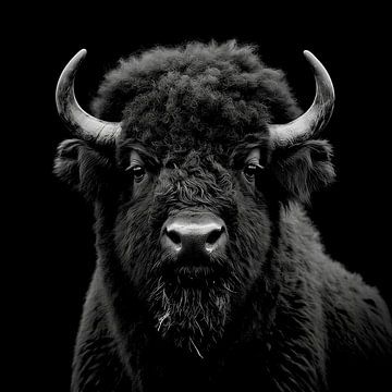 portrait dramatique d'un bison sauvage regardant droit dans l'appareil photo sur Margriet Hulsker
