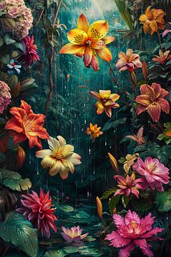 regenwoud met kleurrijke bloemen van haroulita