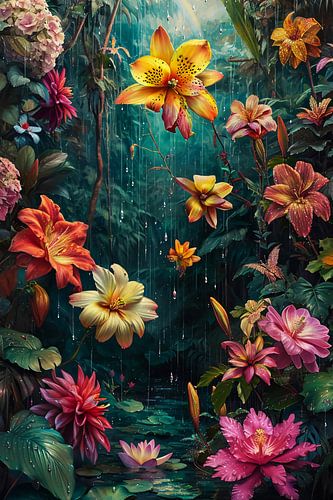 regenwoud met kleurrijke bloemen