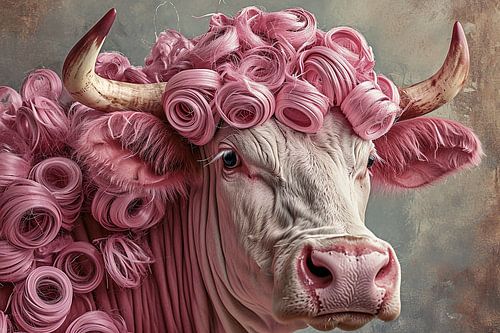 Witte koe met roze krullen