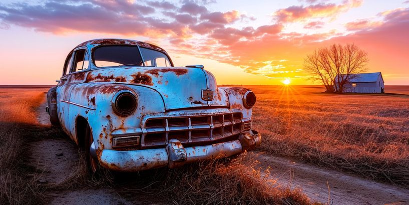 Vieille voiture dans un champ au coucher du soleil par Vlindertuin-Art