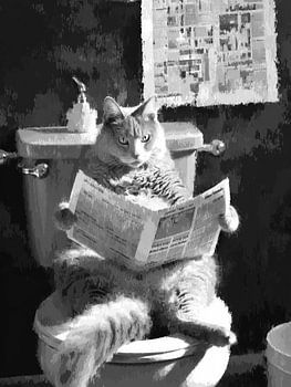 Katze liest Zeitung auf der Toilette
