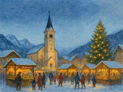 Kerstmarkt in de alpen (AI)  (Glühwein, Kerstmis, feestdagen, gezellig, vredig, sfeervol, kerk, kerstfeest, kerstboom, aquarel, schilderij)
