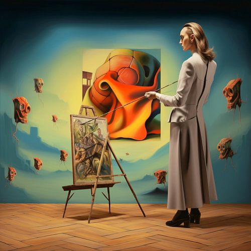 surreal woman painter easel studio painting masks