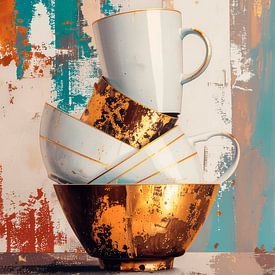 Küchenkunst: Geschirrstapel mit goldenem Schimmer von Studio Pieternel