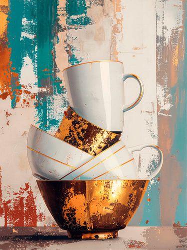 Kitchen Art: Stacked crockery with a golden sheen by Studio Pieternel
