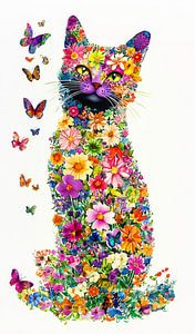 Katze, Blumen und Schmetterlinge