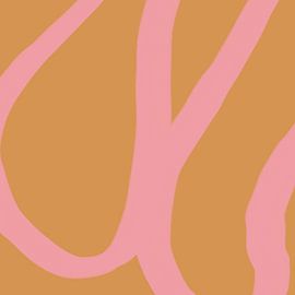 Abstrakte minimalistische Linienkunst in hellen Pastellfarben. Rosa auf Gelb. von Dina Dankers