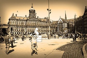 Federzeichnung Sepia Dam Amsterdam Niederlande Strichzeichnung von Hendrik-Jan Kornelis