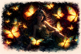 Woman amongst glowing butterflies by Linda de Klein