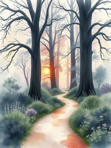 Betoverd bospad bij zonsondergang