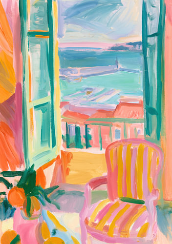 A colourful view of the sea through the open door by Niklas Maximilian