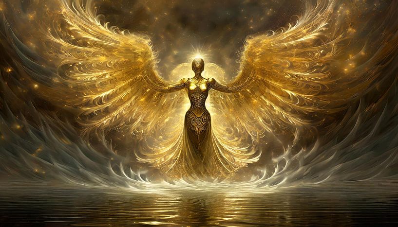 Golden angel with long wings walking in the water by Giel Ketting