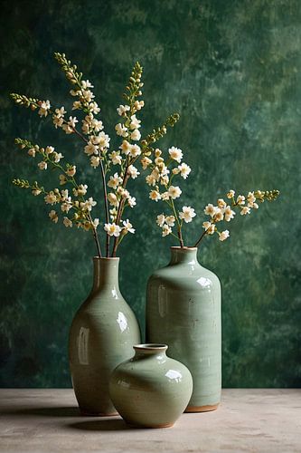 Green vases with gypsophila