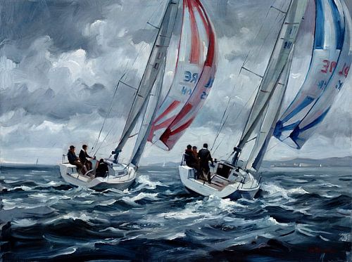 Schilderij van zeilboten die racen op een woelige zee
