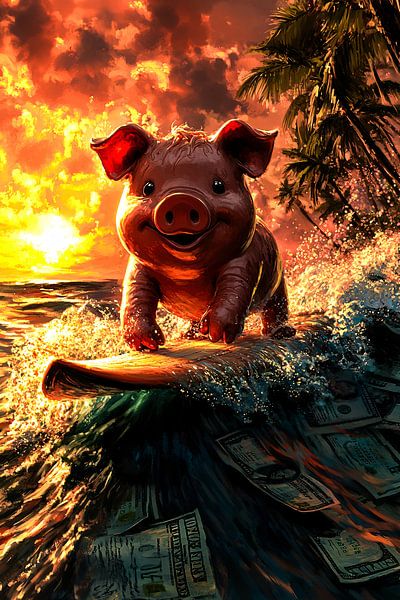 Surfing pig at sunset by Imperial Art House