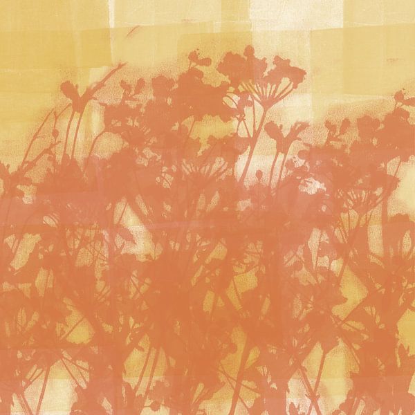 Botanical art. Flowers in coral on yellow. by Dina Dankers