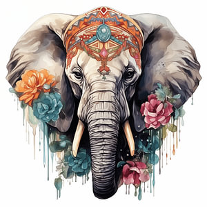 Porträt eines indischen Elefanten, Aquarell-Kunstdesign und buntes Kopftuch und Blumen