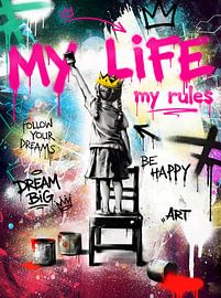 Buntes Pop Art Wandbild Wohnzimmer | Moderne Leinwand Kunstdrucke | Urban Canvas Art | Statement Deko Bild Mädchen Banksystil von Sarah Valentino