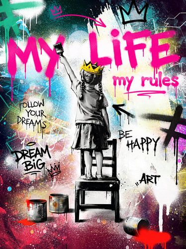 Kleurrijke popart-wanddecoratie voor de woonkamer | Moderne kunstdrukken op canvas | Urban canvas art | Opvallende decoratieve afbeelding van een meisje in Banksy-stijl van Julie M art