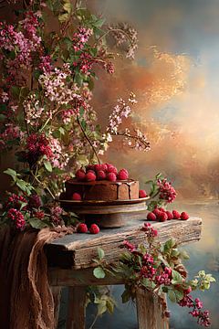 Chocolate Cake with Fruit and Flowers - Festive Still Life by Joriali photography and paintings