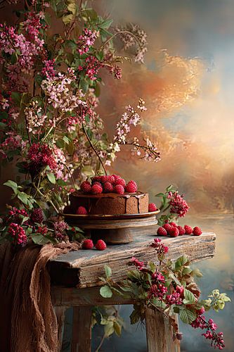 Chocoladetaart met Fruit en Bloemen - Feestelijk Stilleven