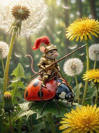 Maus-Ritter reitet auf Marienkäfer-Ross zwischen Löwenzahn von Markus Gann