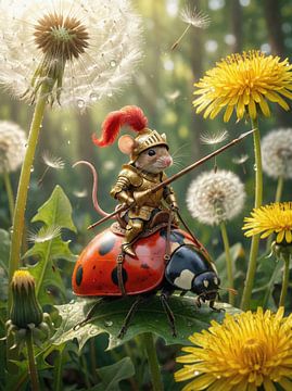 Mouse knight riding ladybug steed among dandelions by Markus Gann