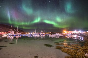 Northern lights over Sommarøy bay 2 , Norway van Marc Hollenberg