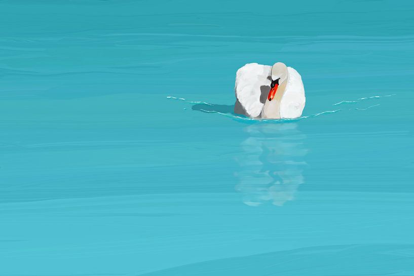 Witte zwaan blauw water van Jan Brons