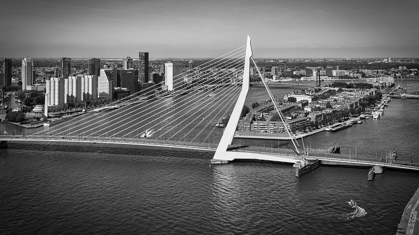 Uniek uitzicht Erasmusbrug & Skyline Rotterdam (zwart-wit) van Mark De Rooij