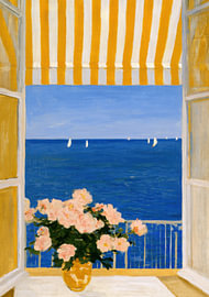 Mediterranean scene: a view from the window of sailing boats and flowers by Niklas Maximilian