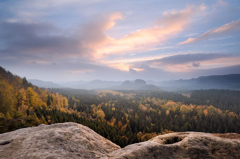 Dawn in the Elbe Sandstone Mountains by Rolf Schnepp