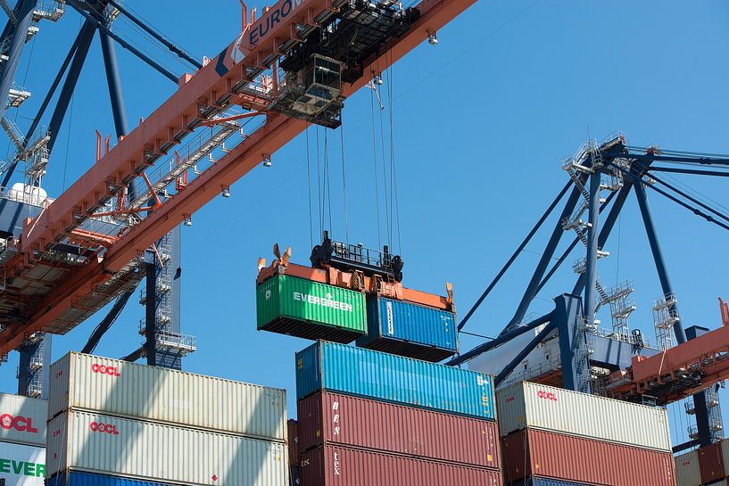 Unloading a container ship in the port of Rotterdam by Elles Rijsdijk