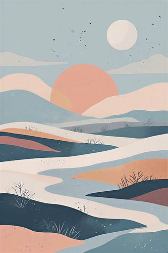 Boho Desert Calm Abstract Landscape - Modern Layered Dunes Wall Art with Peach Sun and Teal Teal Tones