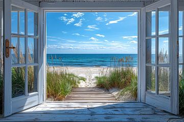 Vue sur la plage de sable et la mer à travers une fenêtre ouverte