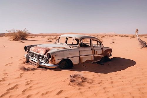 Une vieille voiture rouillée dans le désert sur Maarten Knops