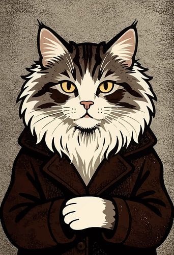 Wanddecoratie met Noorse boskat in trenchcoat – Verfijnde retro – Kunst met kat als detective