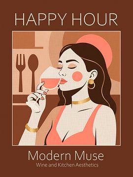 Culinary Art: Happy Hour graphic illustration featuring a glass of rosé by STUDIO ARTSY