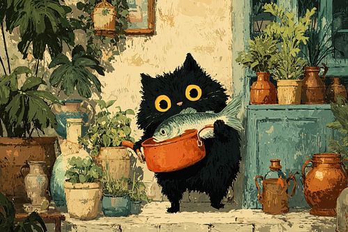 Zwarte kat met vis in de keuken