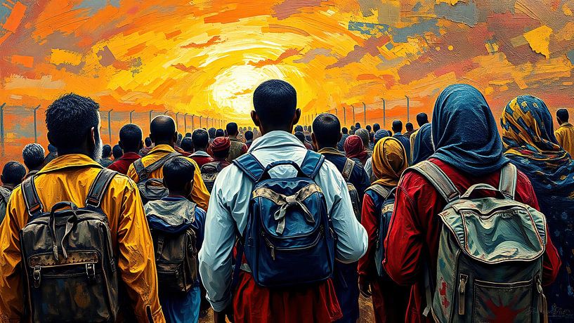 Refugees between borders and sunset - The silent movement of hope on the run into an uncertain future by AidasignArt