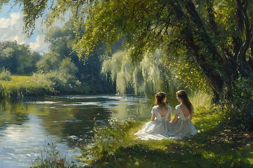 Two women on the sunny riverbank