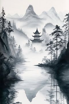 Berglandschaft mit Tempel – Aquarell und Nebel von Poster Art Shop