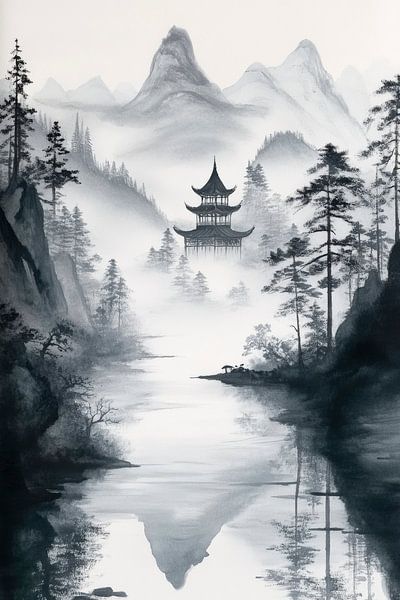 Mountain landscape with temple - watercolour and fog by Poster Art Shop