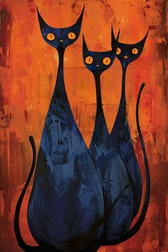 Drie gezellige katten in koningsblauw en oranje van Lauri Creates