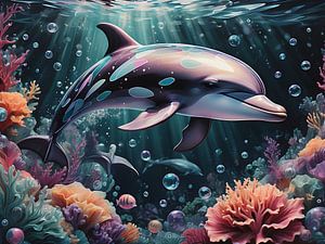 Un dauphin s'ébat dans un récif corallien coloré
